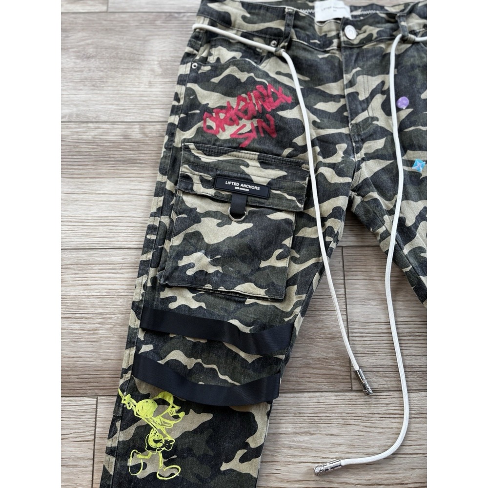 Lifted Anchors Custom Graphic Camo Cargo Men's Pants Size 34 Streetwear LA - Picture 4 of 15